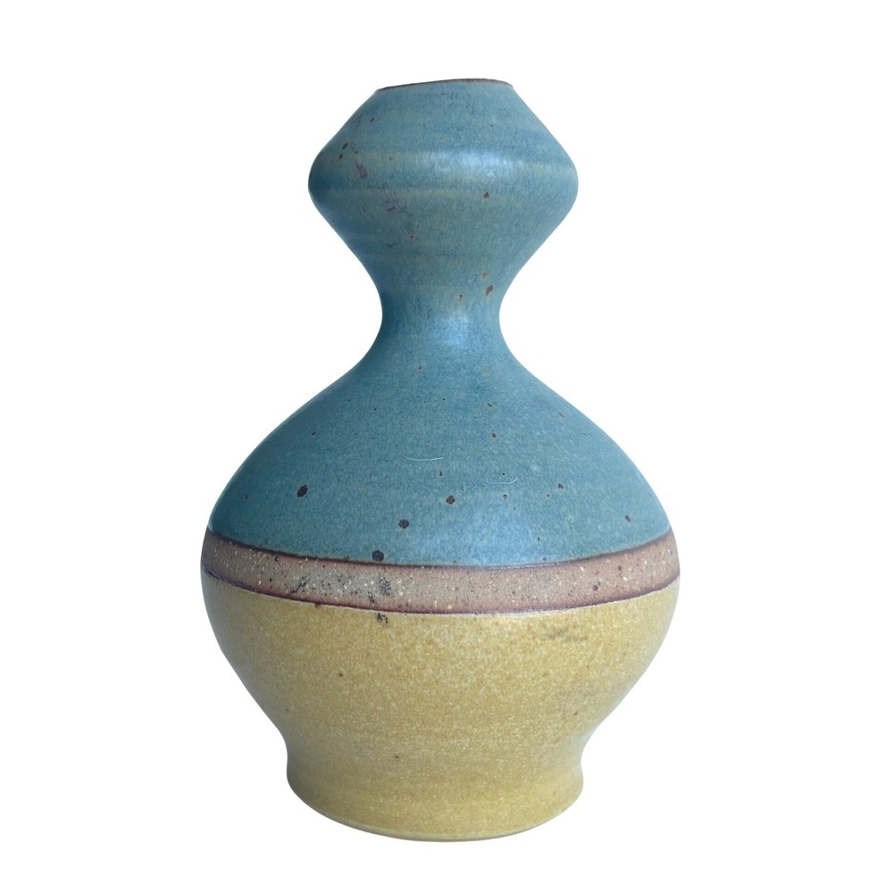 Vintage Studio Pottery Two Tone Blue Yellow Stoneware Bud Vase Stamped M Mark